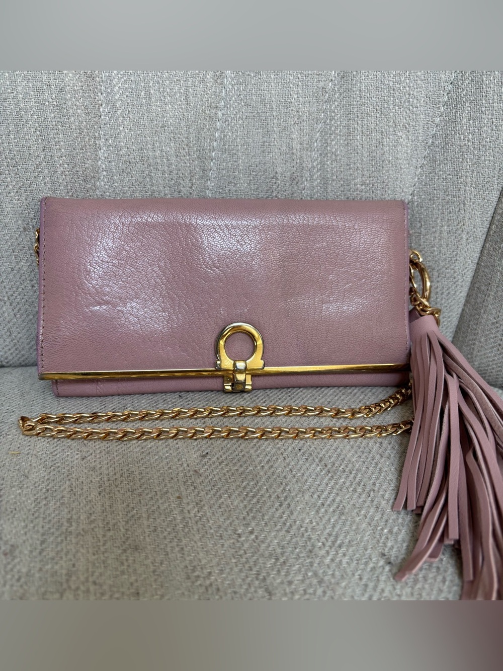 Salvatore Ferragamo Baby Pink Logo Leather Wallet on Chain
